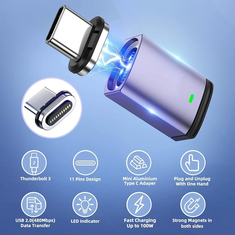 USB C Magnetic Adapter Right Angle, Magnetic USB C Adapter 100W Fast Charging 11Pins 480Mbps Data Transmission Compatible with MacBook Pro/Air For iPhone 16 15 For Samsung S25 S24 S23