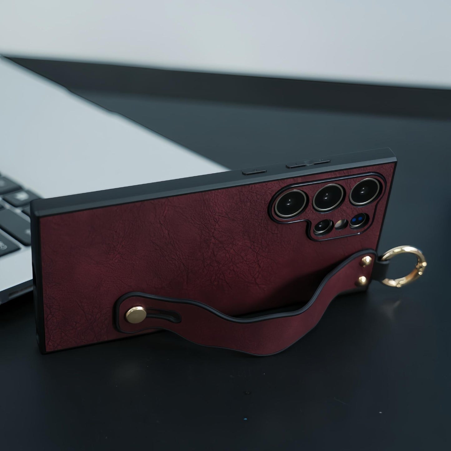 For Samsung S25Ultra S25 S24 S23 S22 S21 Case With Wave Wristband, Matte Durable Faux Leather Kickstand Shockproof Phone Case