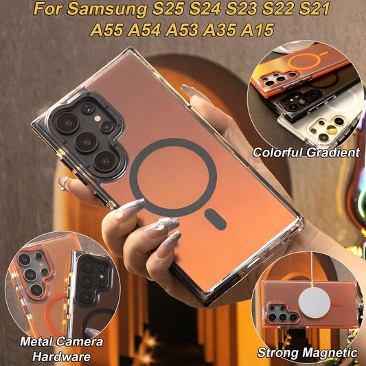 Laser Gradient Chameleon Strong Magnetic Phone Case For Samsung S25Ultra S25 S24 S23 S22 S21FE A06 A15 A16 A25 A35 A36 A53 A54 A55 Metal Frame Acrylic Shockproof Cover