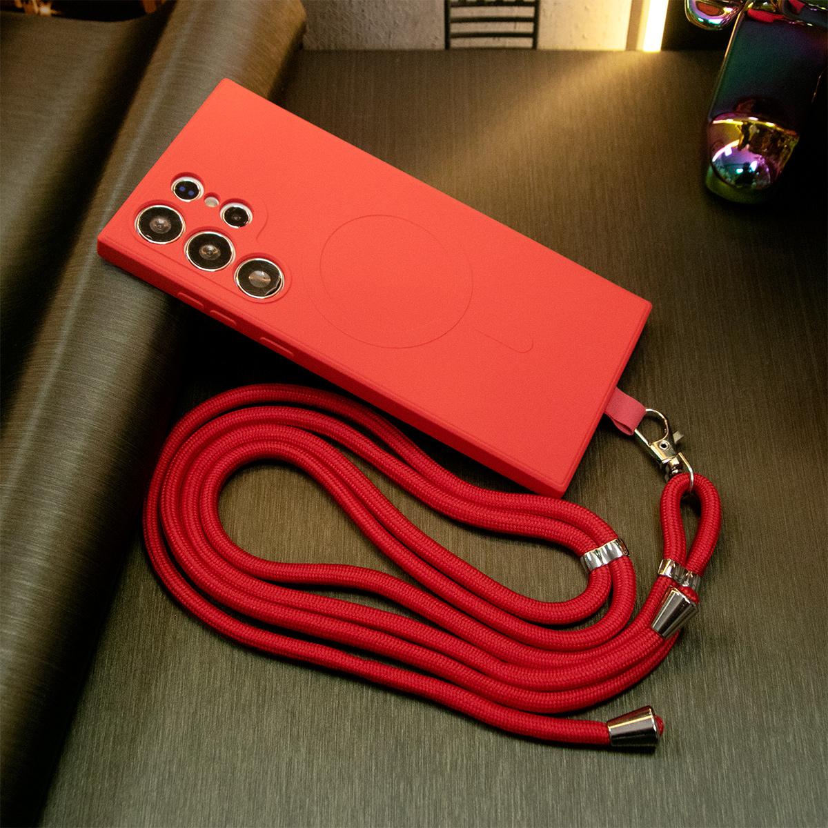 Strong Magnetic Case With Woven Lanyard For Samsung S22 S23 S24 Plus FE Ultra , Compatible with MagSafe, Soft Liquid Silicone Shockproof Phone Case With Microfiber Lining