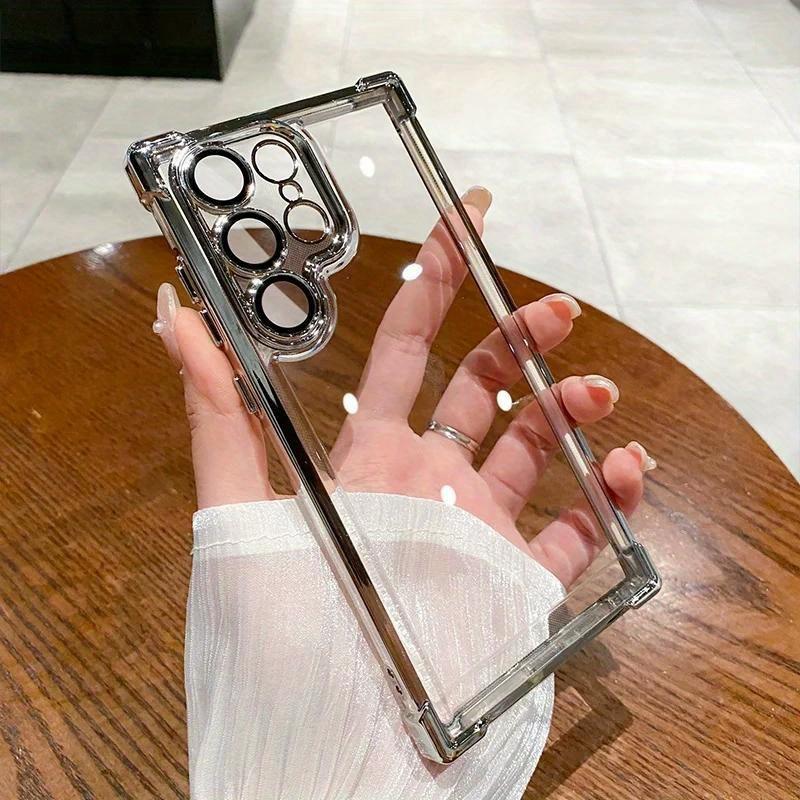 Electroplated Four Corners Anti-fall Transparent Hard PC Phone Case For Samsung S25 S24 S23 S22 S21 Note20 A54 A55, Full Cover with Camera Protector