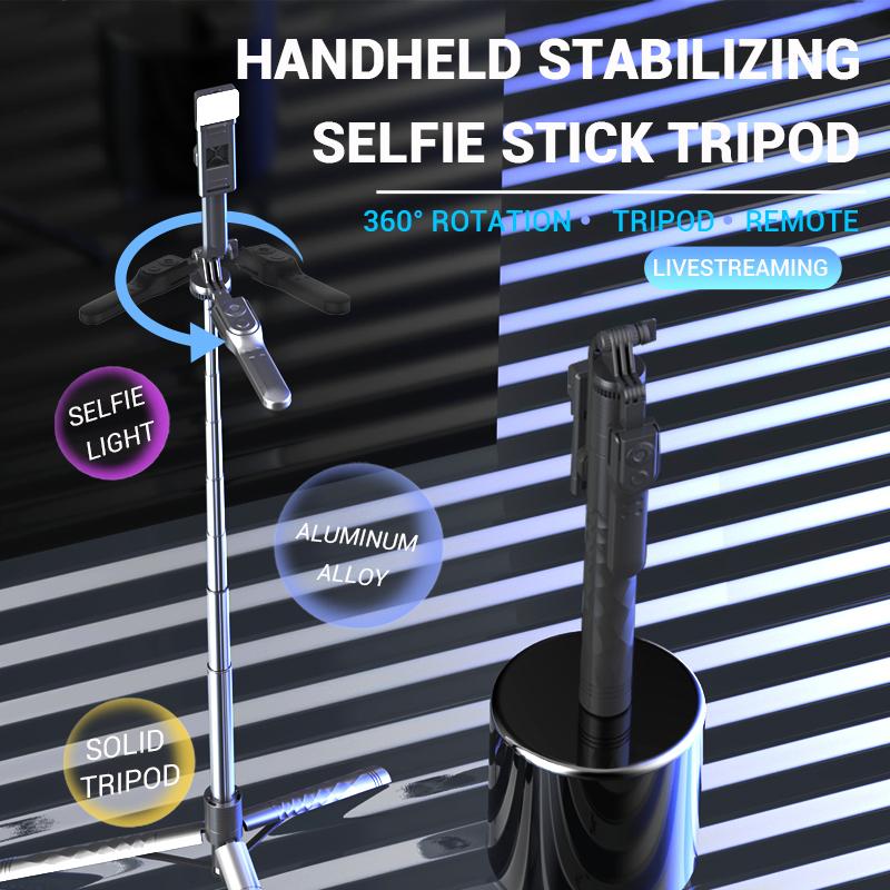 Perche à selfie sans fil 1750 mm, trépied pliable, monopode avec lumière LED pour smartphones, prise de vue stable et équilibrée en direct