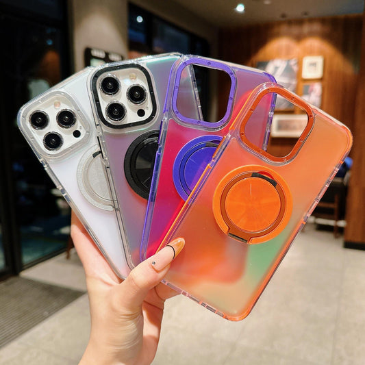 Laser Gradient Chameleon Strong Magnetic 360 Rotating Kickstand For Magsafe Phone Case For iPhone 16 15 14 13 12 11 Pro Max Plus Metal Frame Acrylic Shockproof Hard Cover