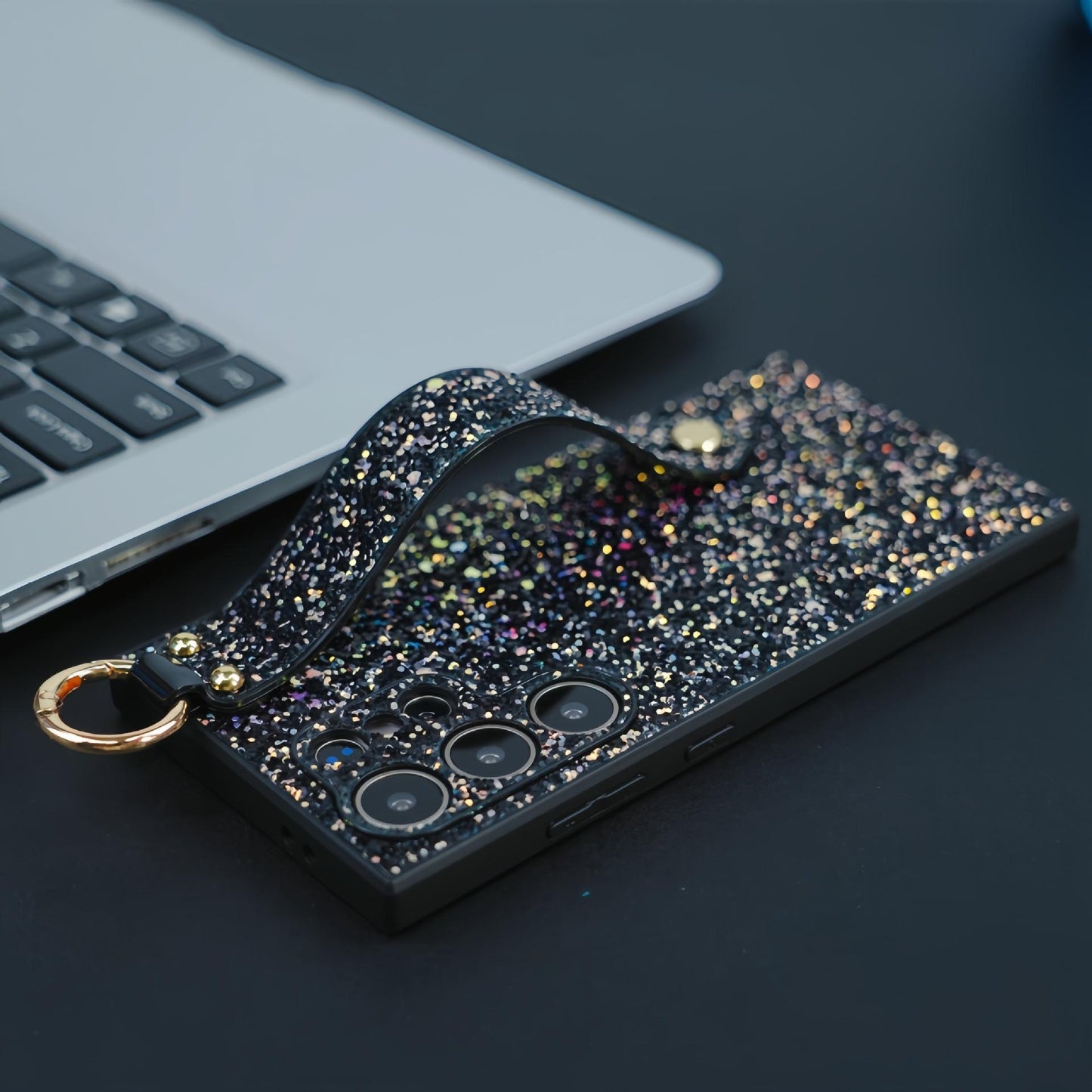 For Samsung S25Ultra S25 S24 S23 S22 S21 Case With Wristband, Glitter Durable Faux Kickstand Shockproof Hard Full Cover Phone Case