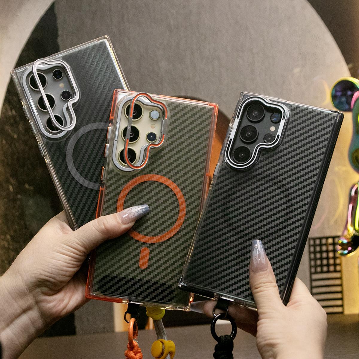 Magnetic Carbon Fiber Pattern Phone Case, Metal Hardware Camera Stand Acrylic Cover, With Adjustable Woven Strap, Anti-Fall Bumper For Samsung S24 S23 S21 Ultra FE A14 A15 A24 A25 A35 A54 A55 A05
