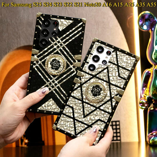 Luxury Glitter Phantom Stripe Flower Heavy Duty Protection Ring Stand Cover Plating Phone Case For Samsung S25Ultra S25 S24 S23 S22 S21 FE Plus Ultra Note20 A55 A54 A35 A34 A25 A24 A15 A14
