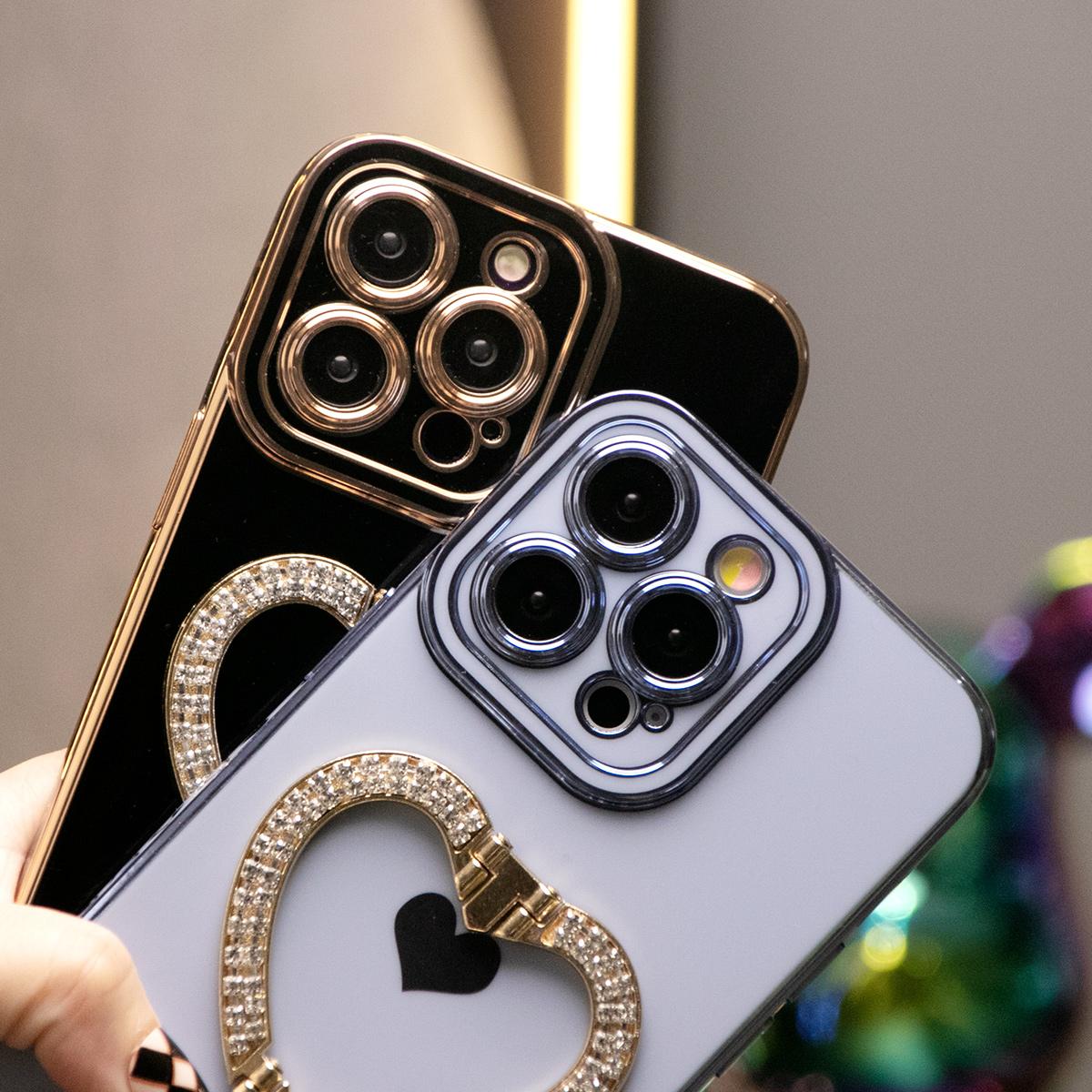 For iPhone 16ProMax 16 15 14 13 12 11 Pro Max, Luxury Rhinestone Love Heart Kickstand Holder Plating Soft Camera Protector Phone Case