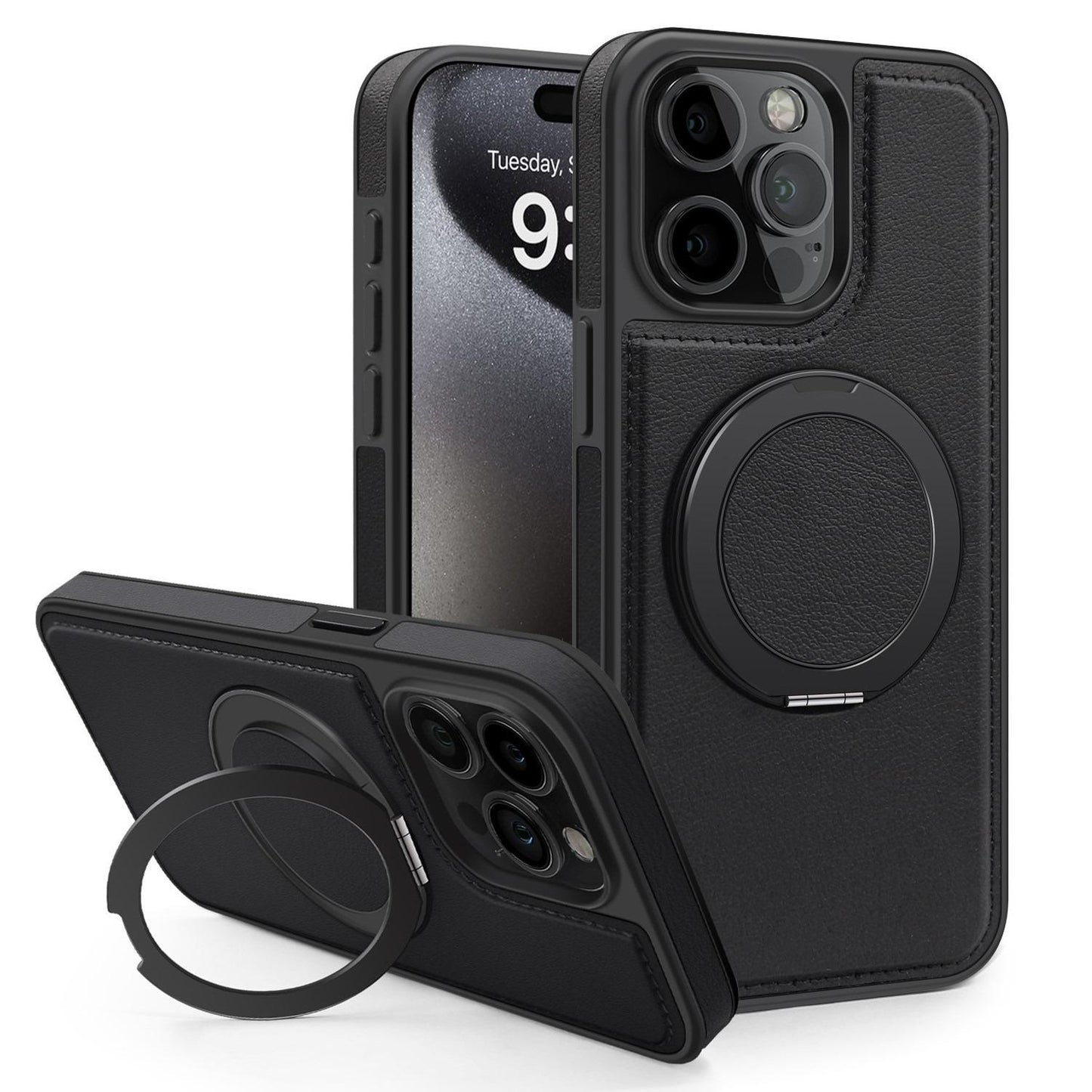 For iPhone 16 15 14 13 Pro Max Phone Case, Luxury Full Leather Case For Magsafe Support Wireless Charging Rotate Metal Magnetic Kickstand Back Hard Full Cover