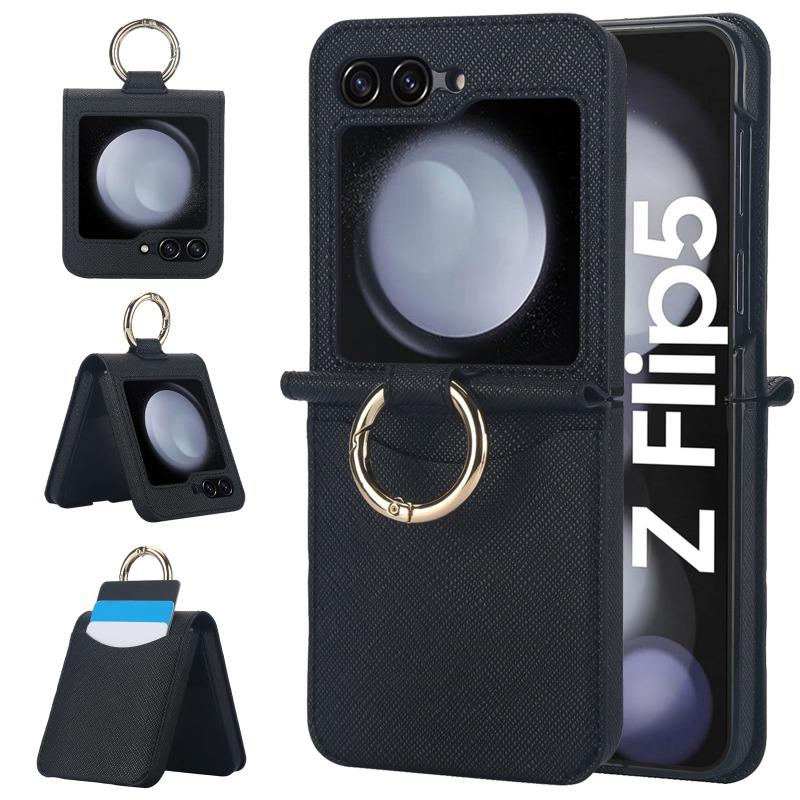 Cross Grain Leather Ring Phone Case for Samsung Galaxy Z Flip 6 5 4 3 Flip5 Flip4 Flip6 Wallet with Card Holder Shockproof Cover