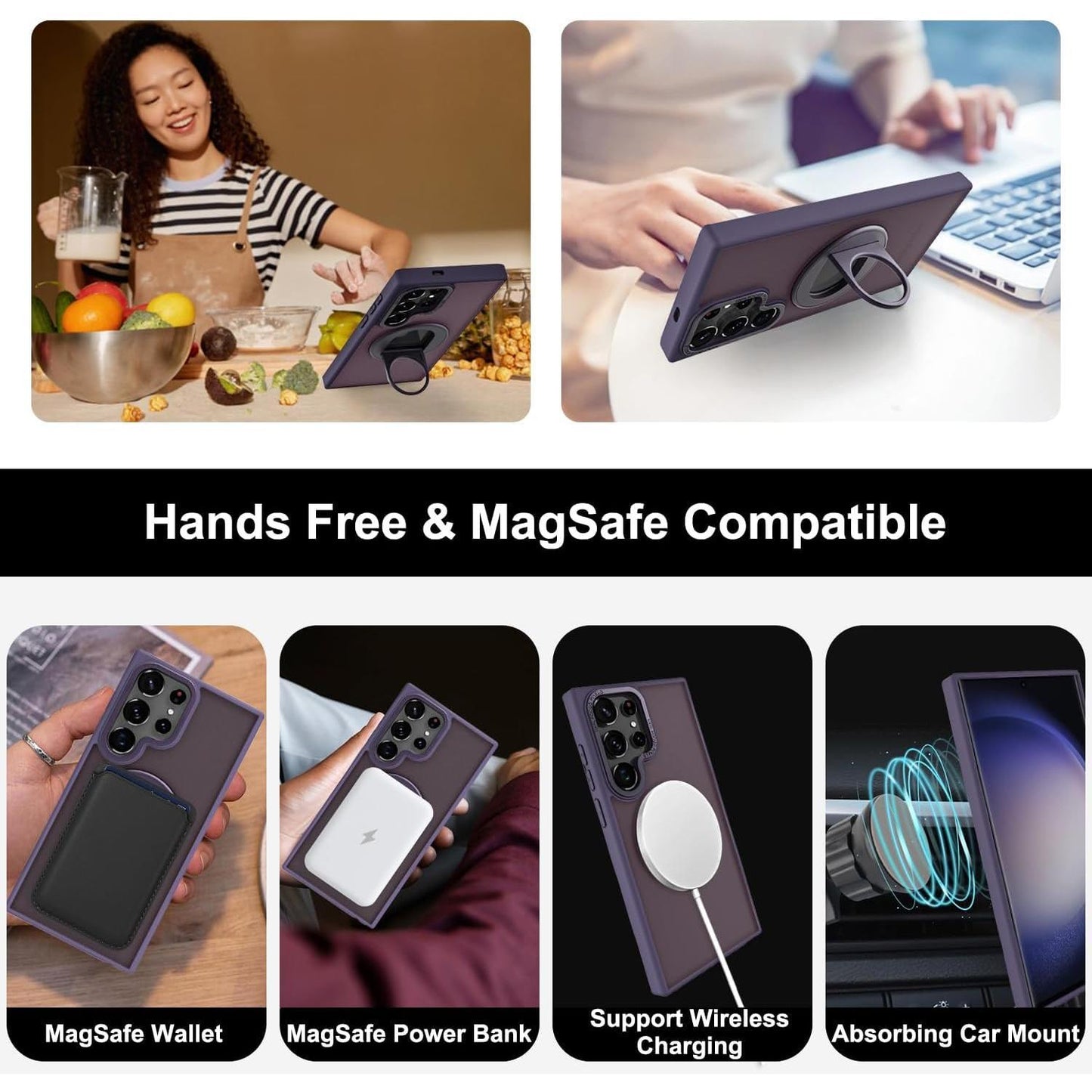 Matte Ring KickStand Metal Frame Magnetic Wireless Charging Acrylic Phone Case For Samsung S24Ultra S24 S23Ultra S23FE S23 S22 plus Case Magnetic Shockproof Hard Full Cover
