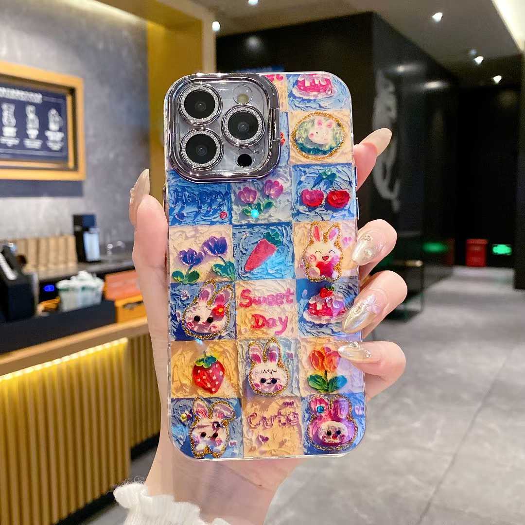 For iPhone 16ProMax 16 15 14 13 12 11 Phone Case with Diamond Camera Kickstand, Smiling Face Rainbow Rabbit Deer, Luxury Oil Painting Camera Frame Anti-drop Hard Shockproof Full Cover