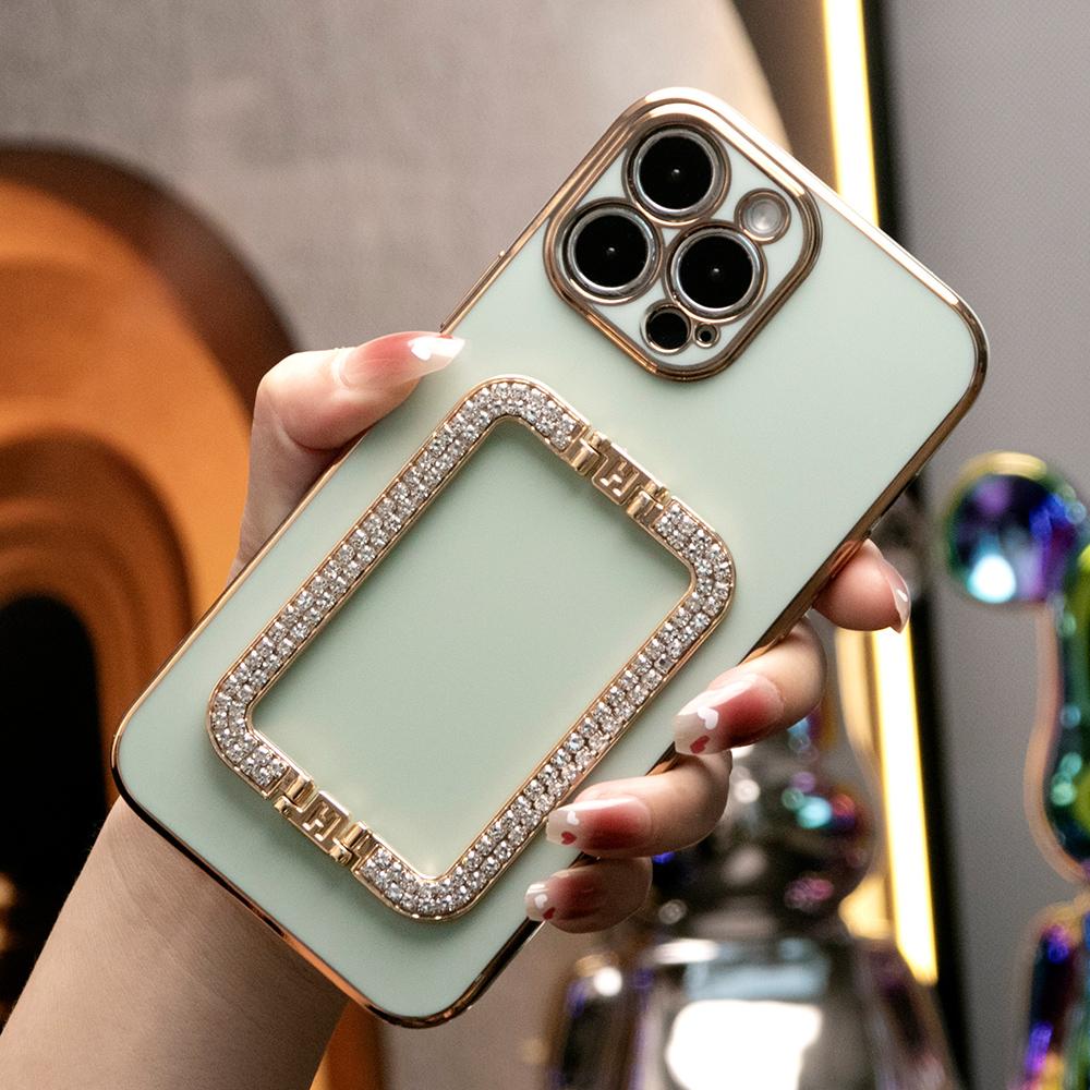 3D Crystal Square Holder Plating Phone Case for iPhone 16 15 14 13 12 Pro Max
