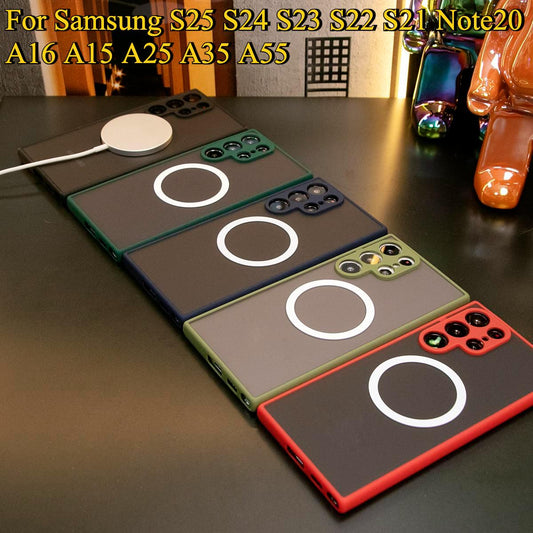 Luxury Matte Clear Support Magnetic Acrylic Hard Anti-Fall Phone Case For Samsung S25 S24 S23 S22 S21 Note20 A16 A15 A25 A35 A55