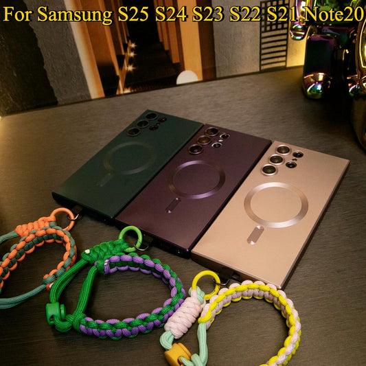For Samsung S25 S24FE S23Plus S22 S21 Note20 Ultra Case, Metallic Paint Magnetic Soft Metallic Glossy Slim, Full Camera Cover Protection Support Wireless Charging Phone Case With Adjustable Wristbands