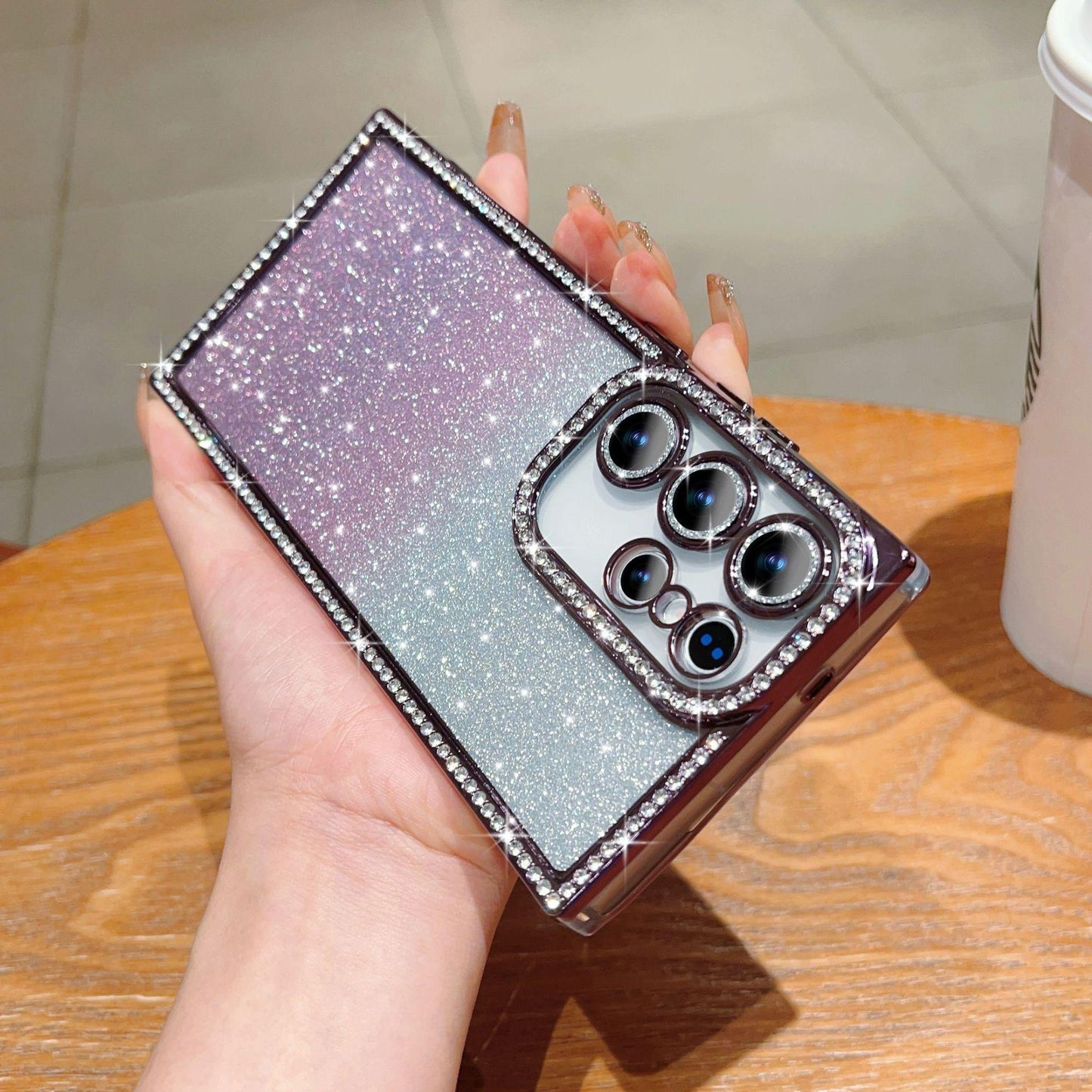 Glitter Rhinestone Clear TPU Square Phone Case with Len Protector For Samsung S25Ultra S25+ S24Ultra S24+ S24 Transparent Bumper Shockproof Soft Full Cover