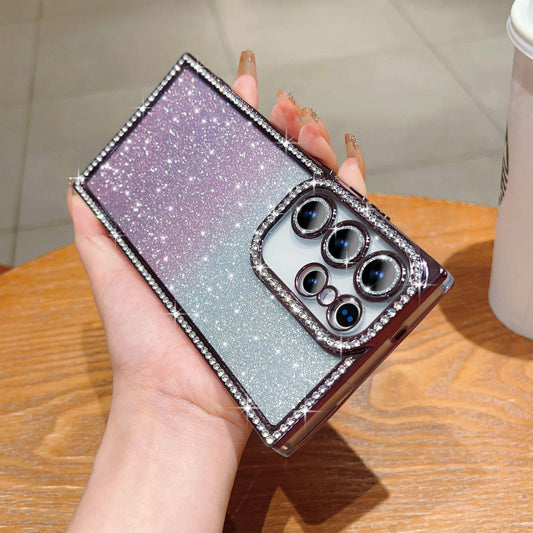 Glitter Rhinestone Clear TPU Square Phone Case with Len Protector For Samsung S25Ultra S25+ S24Ultra S24+ S24 Transparent Bumper Shockproof Soft Full Cover