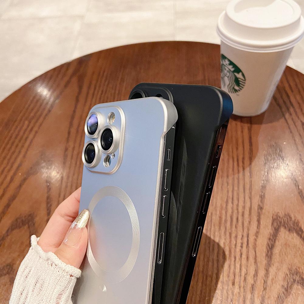 For iPhone 16 15 14 13 Pro Max Phone Case, Ultrathin Magnetic Support Wireless Charging Metallic Glossy Titanium Frameless PC for Magsafe Hard Matte Full Cover
