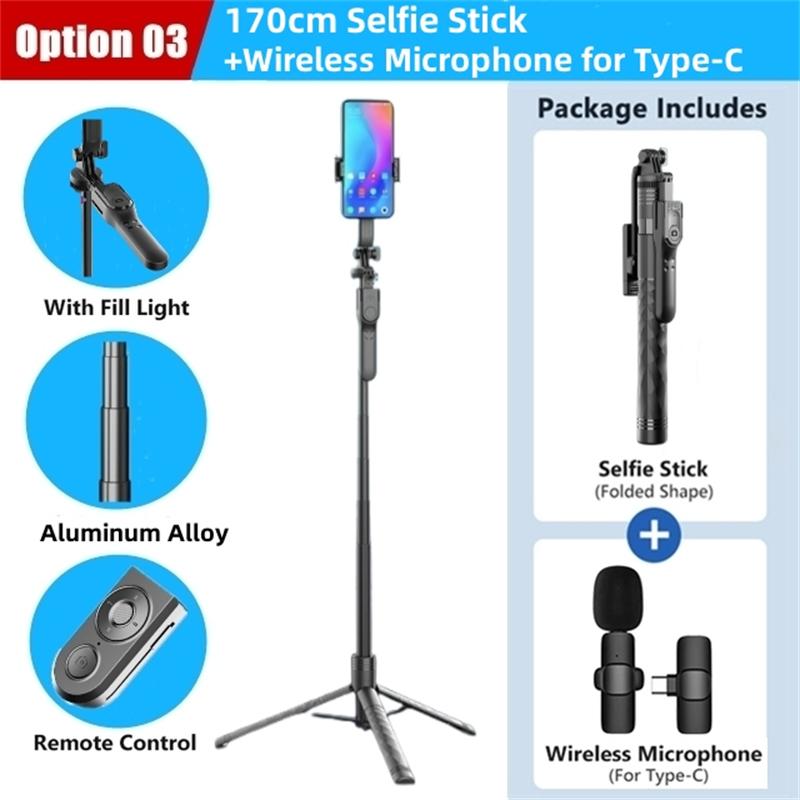 Perche à selfie sans fil 1750 mm, trépied pliable, monopode avec lumière LED pour smartphones, prise de vue stable et équilibrée en direct