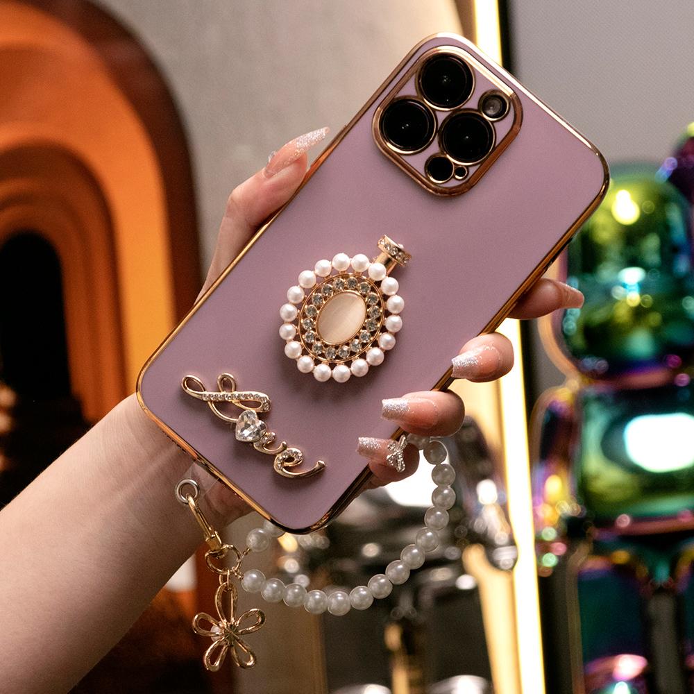 Round Stone Pearl Perfume Bottle Plus Pearl Chain Plating Phone Case For iPhone 16ProMax 16 15 14 13 12 11 Pro Max