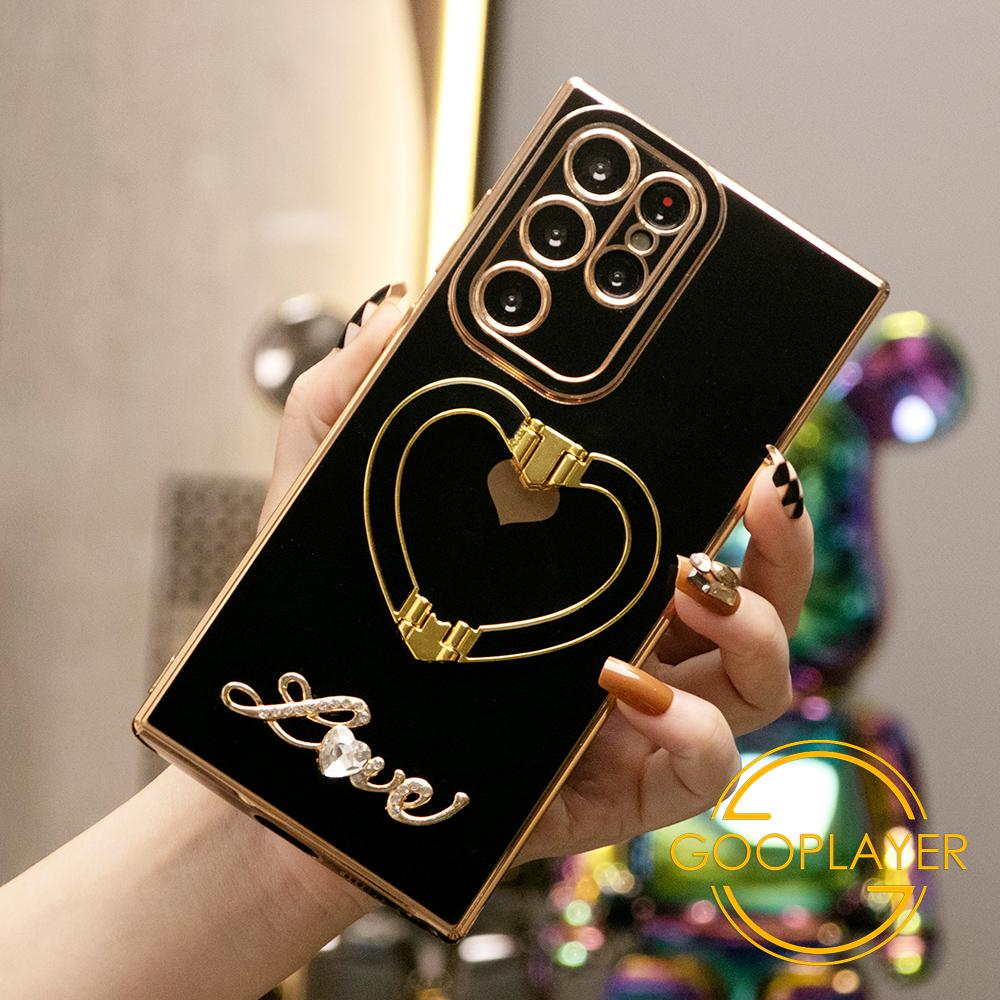 Luxury Love Heart Side Pattern Love Heart Holder Plating Phone Case For Samsung S24Ultra S24FE S24 S23 S22 S21Ultra FE Plus Ultra A55 A35 A25 A15