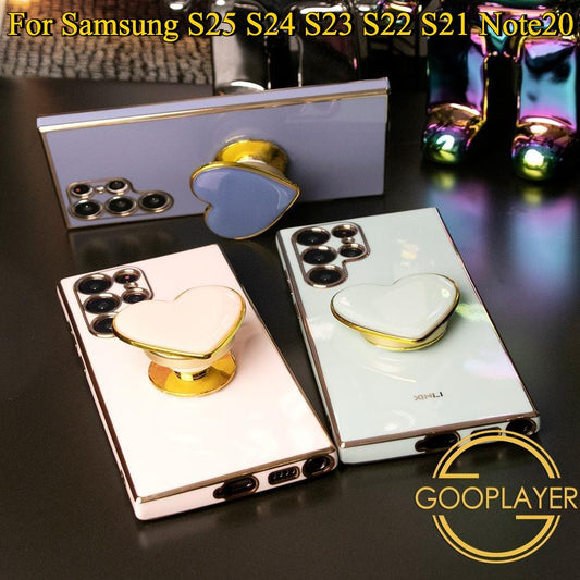 Plating Love Heart Pop Stand Phone Case For Samsung S25 S24 S23 S22 S21 Note20