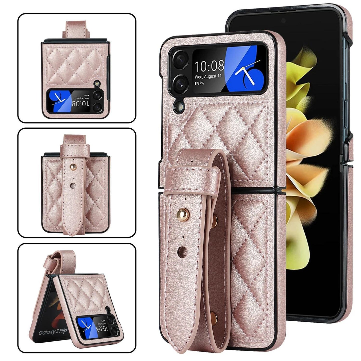 Leather Wristband Phone Case for Samsung Galaxy Z Flip 6 5 4 5G Flip5 Zflip4 Wrist Strap Thin Skin Feeling Shockproof Stand Cover