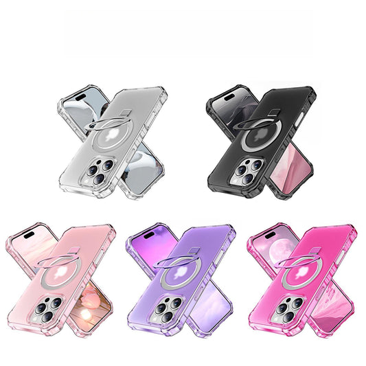 Colorful Matte Clear Strong Magnetic Four Corner Slim PC Phone Case with Metal Kickstand For iPhone 16ProMax 16 15 14 13 12 11 Transparent Skin Feel Bumper Shockproof Hard Full Cover