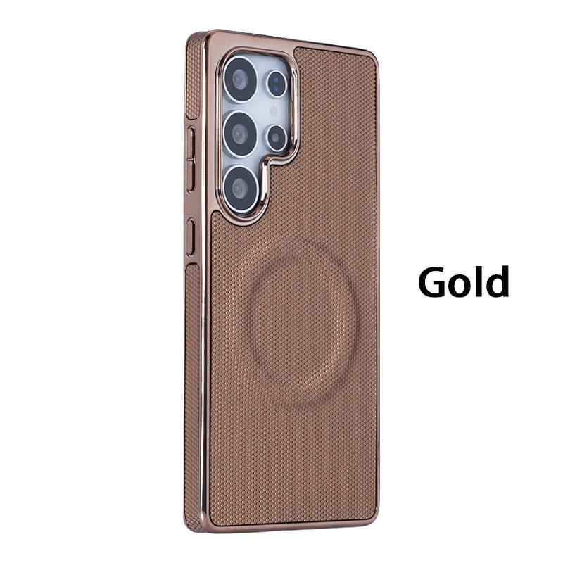 For Samsung S25Ultra S24 S23 S22 Plus FE Phone Case, Plating Antislip Matte Luxury Leather Emboss Strong Magnetic Slim Protection Shockproof Hard Full Cover