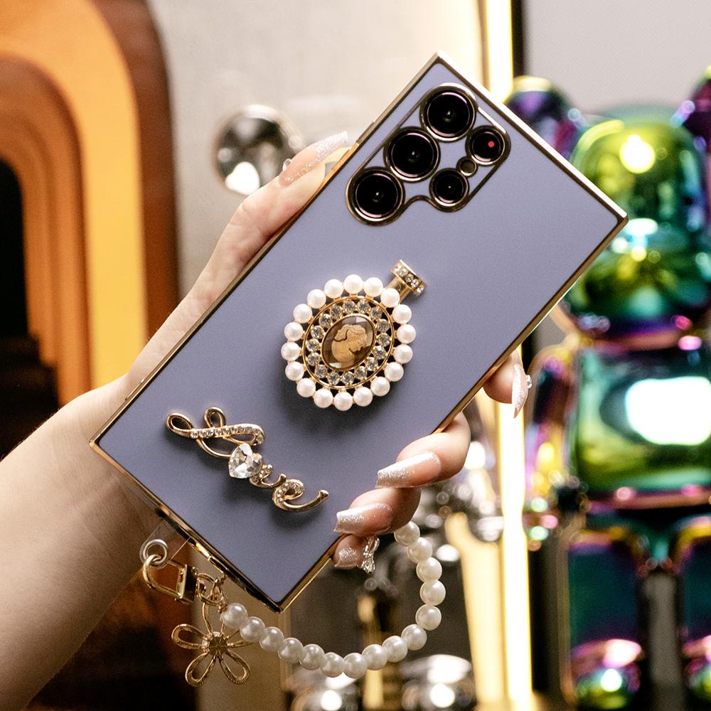 Pearl Perfume Bottle Plus Pearl Chain Plating Phone Case For Samsung S24Ultra S24FE S23 S22 S21 FE Plus Ultra Note 20