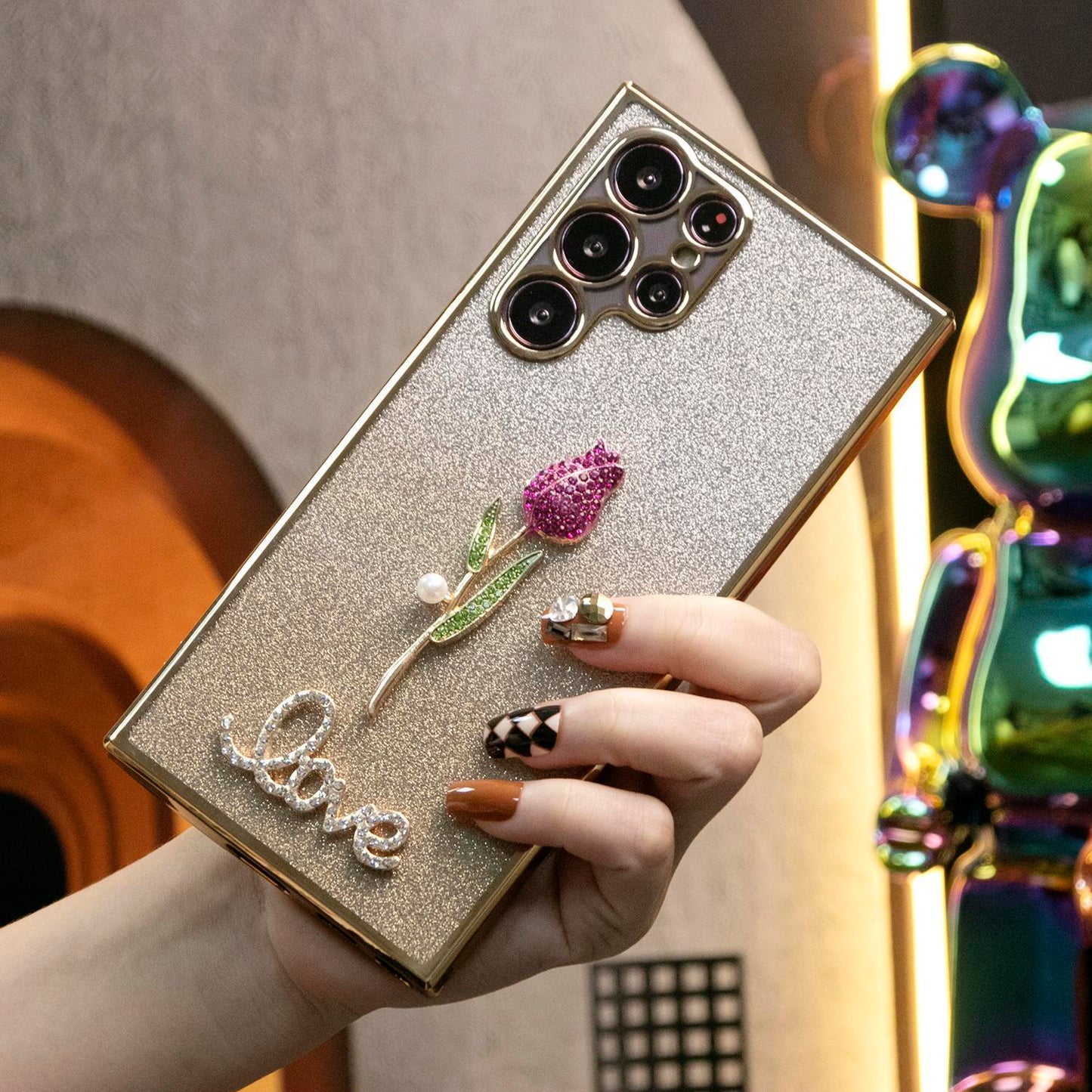 Luxury Diamond Plating Rose Flower Glitter Clear Gradient TPU Plating Shockproof Soft Phone Case For Samsung S24Ultra S24FE S24 S23 S22 S21 FE Plus Ultra