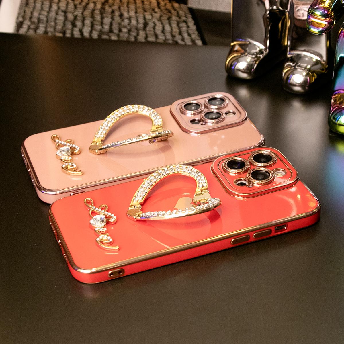 For iPhone 16ProMax 16 15 14 13 12 11 Pro Max, Luxury Rhinestone Love Heart Kickstand Holder Plating Soft Camera Protector Phone Case