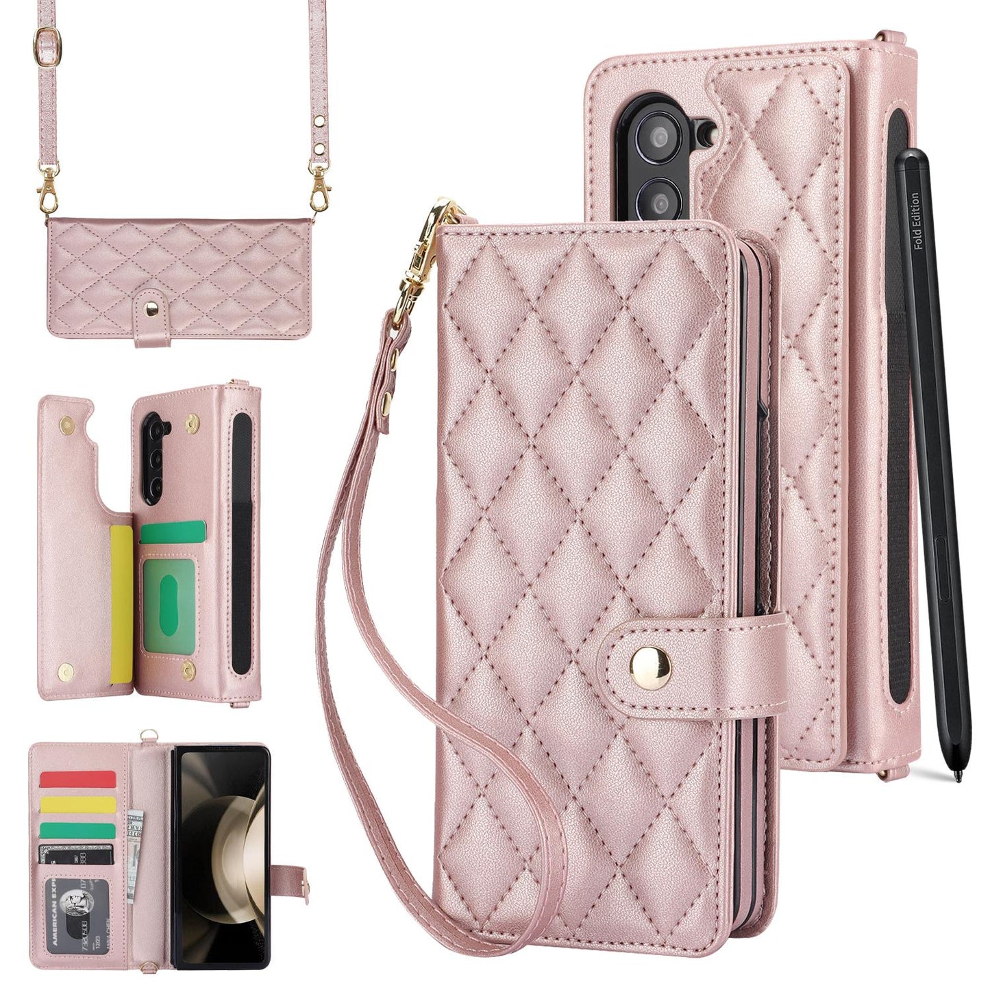 Crossbody Leather with Pen Slot Phone Case for Samsung Galaxy Z Fold 5 4 Fold5 Fold4 Fold3 Wrist Strap Wallet Card Holder Cover