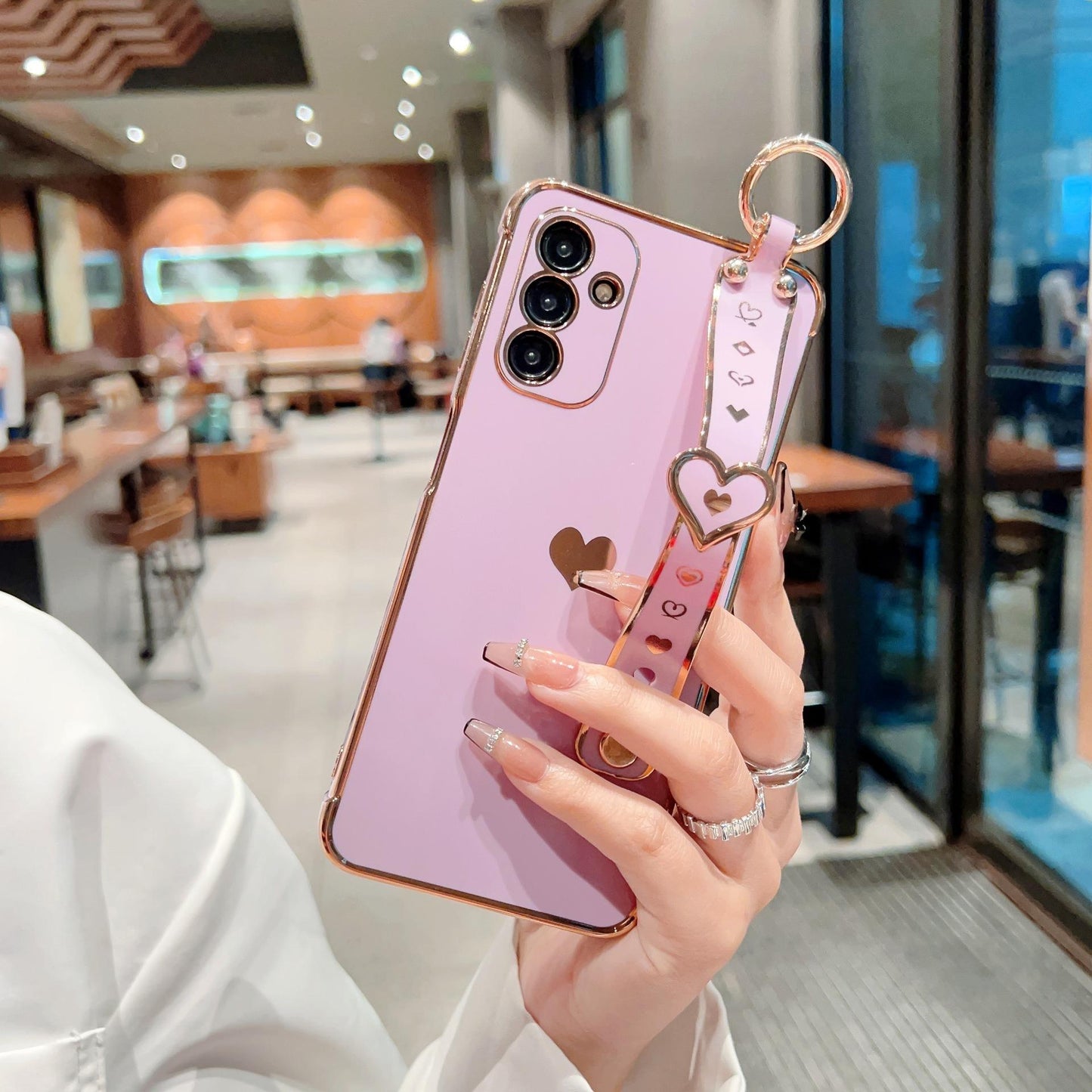 Plating Love Heart TPU Phone Case with Wristband For Samsung S25Ultra S24 S23 S22 S21 Shockproof Soft Full Cover