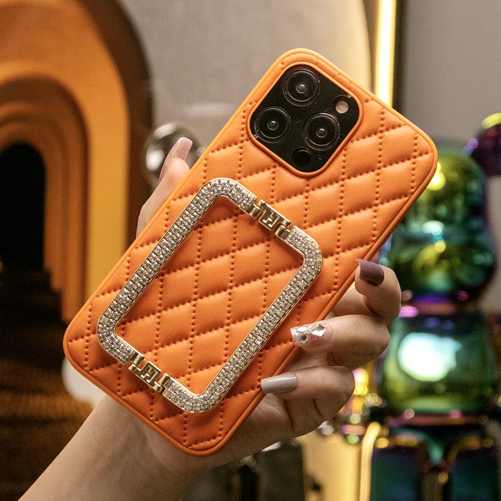 3D Crystal Square Holder Lattice Leather Phone Case for iPhone 16 15 14 13 12 Pro Max