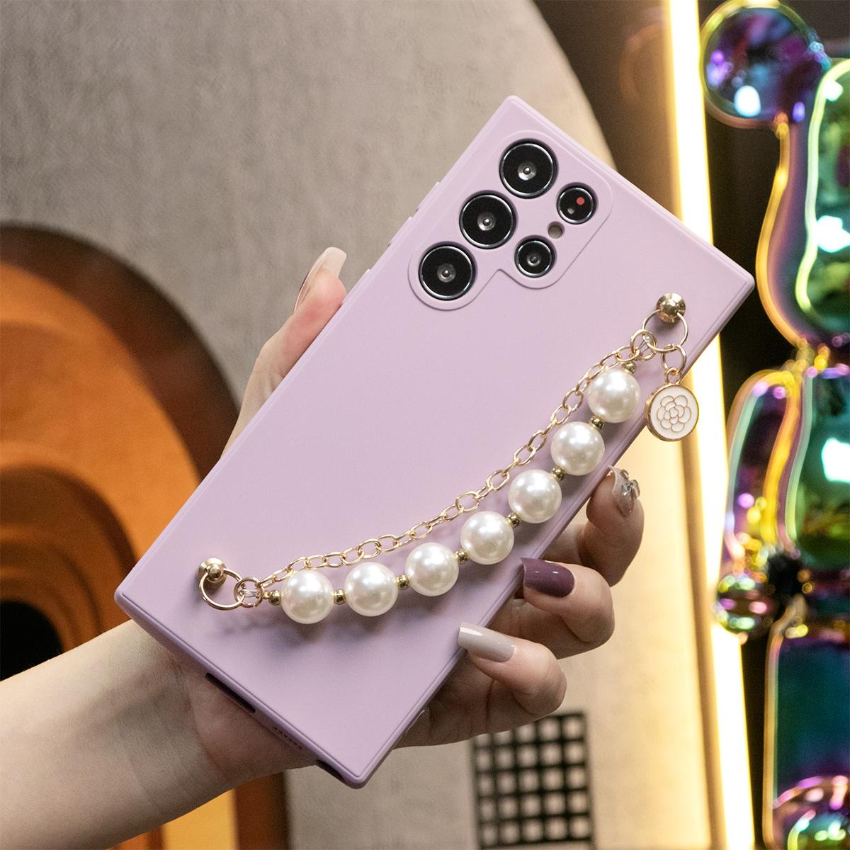 Silicone Matte Phone Case With Pearl Double Chain For Samsung S24 S23 S22 S21 Ultra Plus S24Plus S24Ultra Camera Protect Soft Cover S23 FE