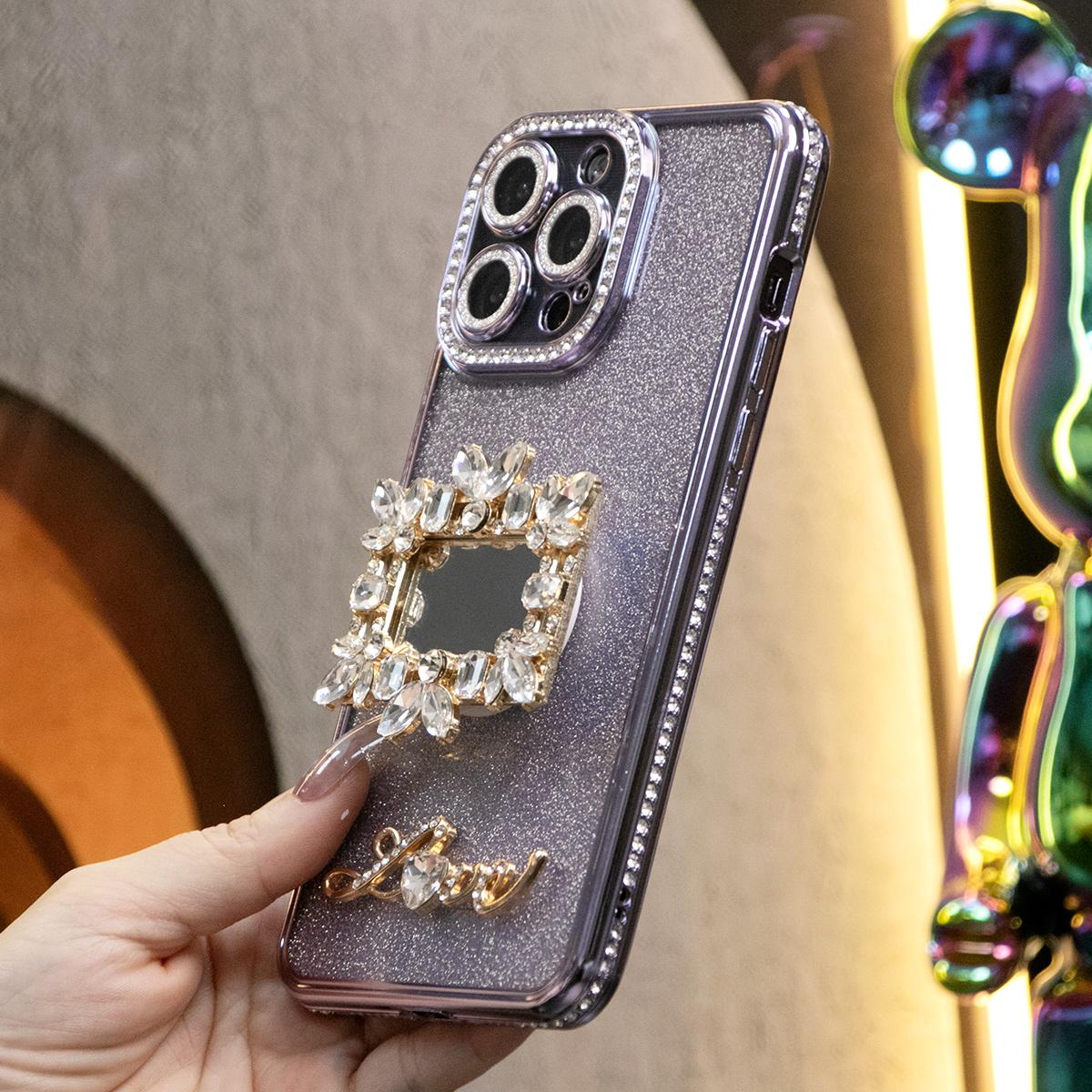 Plating Glitter Diamond Rhinestone Mirror Kickstand Love Phone Case For iPhone 16 15 14 13 12 11 Pro Max