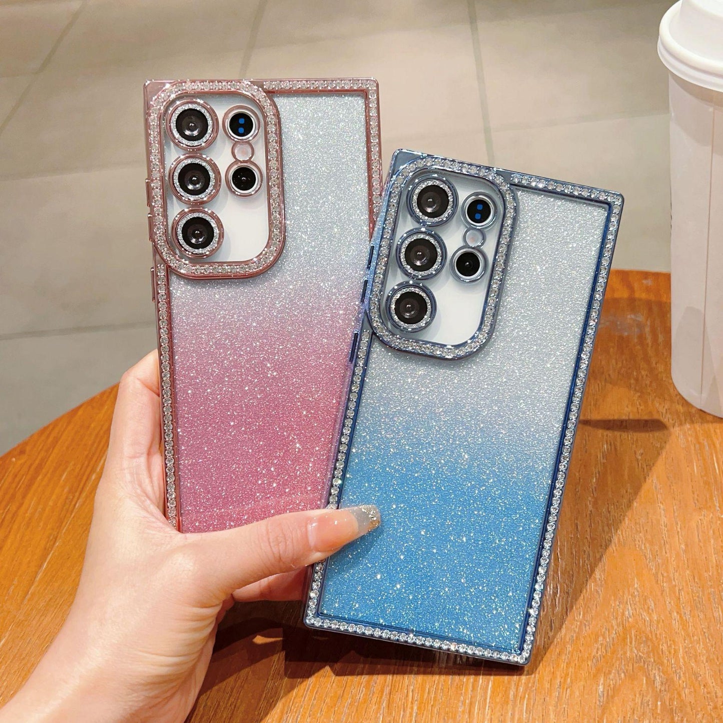 Glitter Rhinestone Clear TPU Square Phone Case with Len Protector For Samsung S25Ultra S25+ S24Ultra S24+ S24 Transparent Bumper Shockproof Soft Full Cover