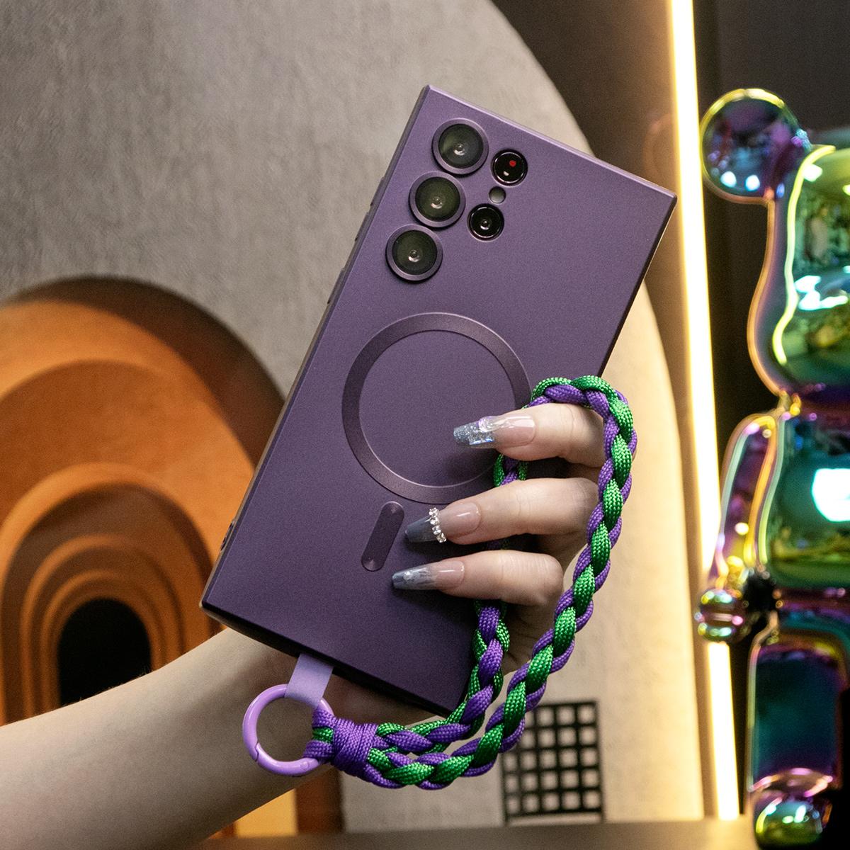 For Samsung S25 S24 S23 S22 FE Plus Ultra Phone Case, Metallic Paint Magnetic Soft Glossy Slim, Full Camera Cover Support Wireless Charging With Woven Wristband