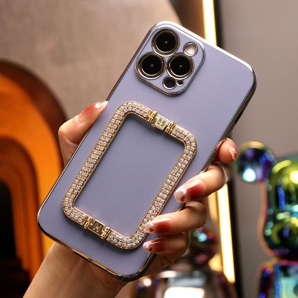 3D Crystal Square Holder Plating Phone Case for iPhone 16 15 14 13 12 Pro Max