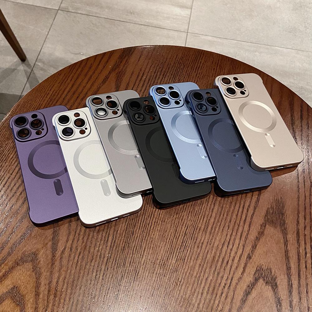 For iPhone 16 15 14 13 Pro Max Phone Case, Ultrathin Magnetic Support Wireless Charging Metallic Glossy Titanium Frameless PC for Magsafe Hard Matte Full Cover