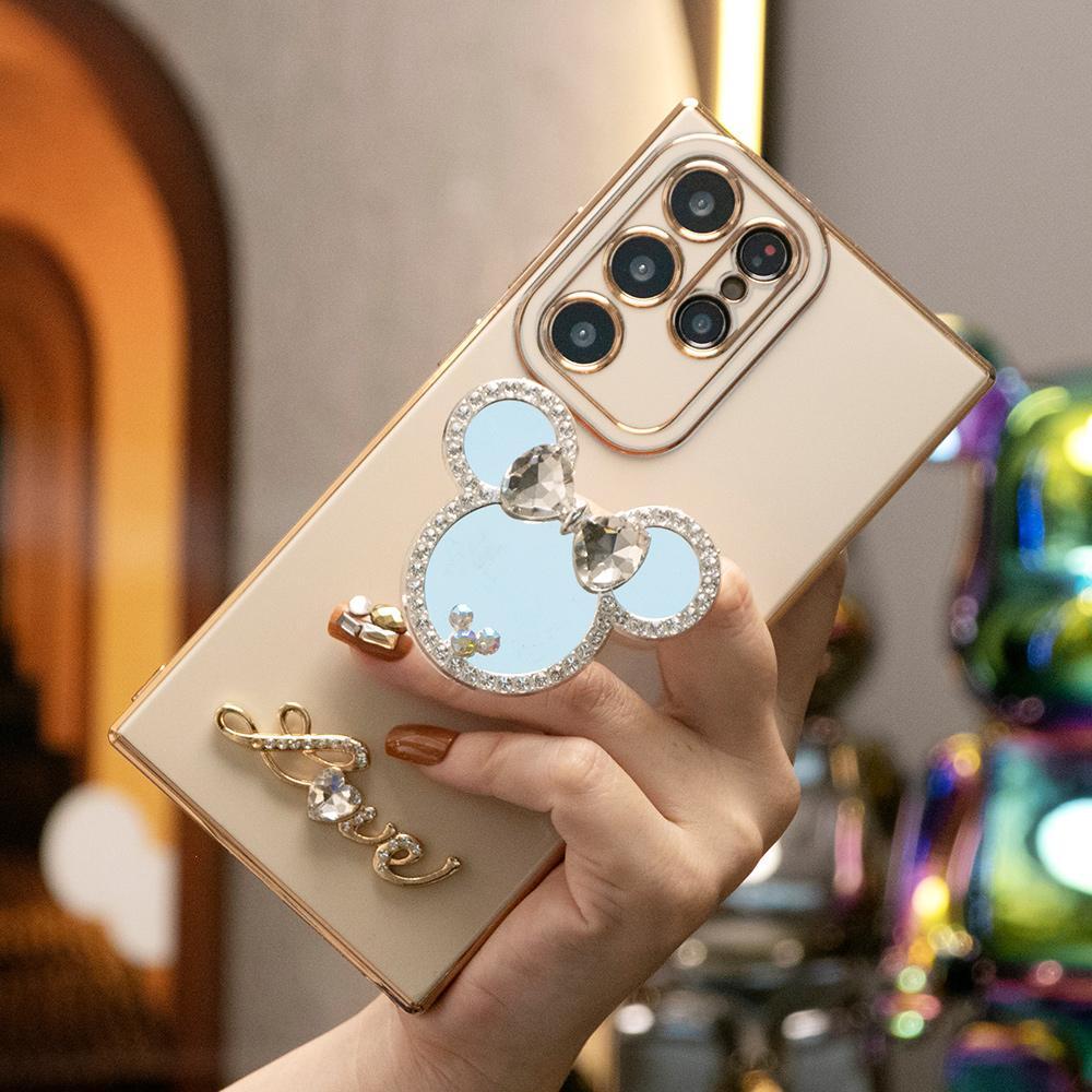 Für Samsung S23 S22 S21 A13 A14 A23 A24 A34 A52 A53 A54 Hülle, Mauskopf-Spiegel-Ständer, Liebesherz-Beschichtung, luxuriöse, elegante Hülle, Kameraschutz, stoßfeste PopStand-Softcover