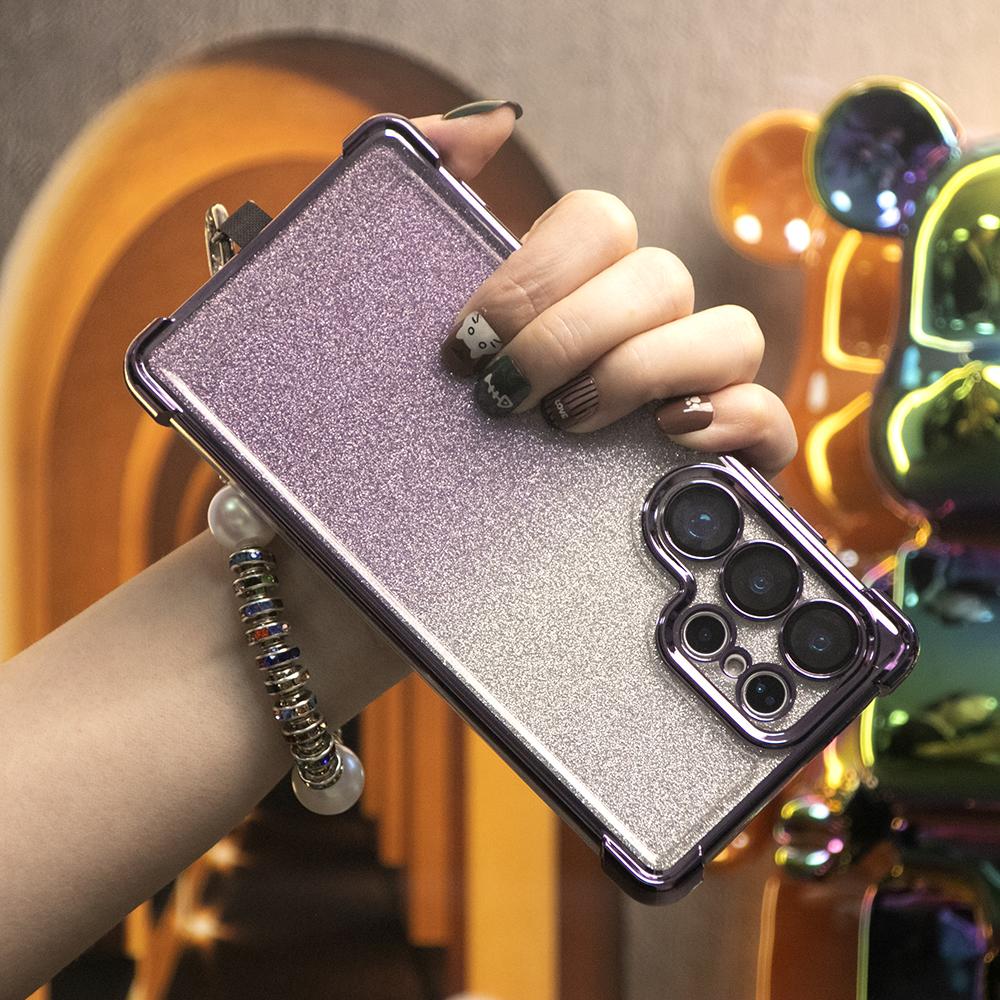 Gradient Plating Four Corners Phone Case with Pearl Diamond Wristband for Samsung S25Ultra S25 S24 S23 S22 S21 Note20 A53 A54 A55 Hard Acrylic Bumper Full Cover