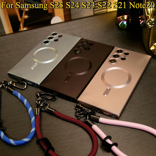 For Samsung S25 S24FE S23Plus S22 S21 Note20 Ultra Phone Case,  Metallic Paint Magnetic Soft Glossy Slim , Full Camera Cover Phone Case With Multifunctional Climbing Rope