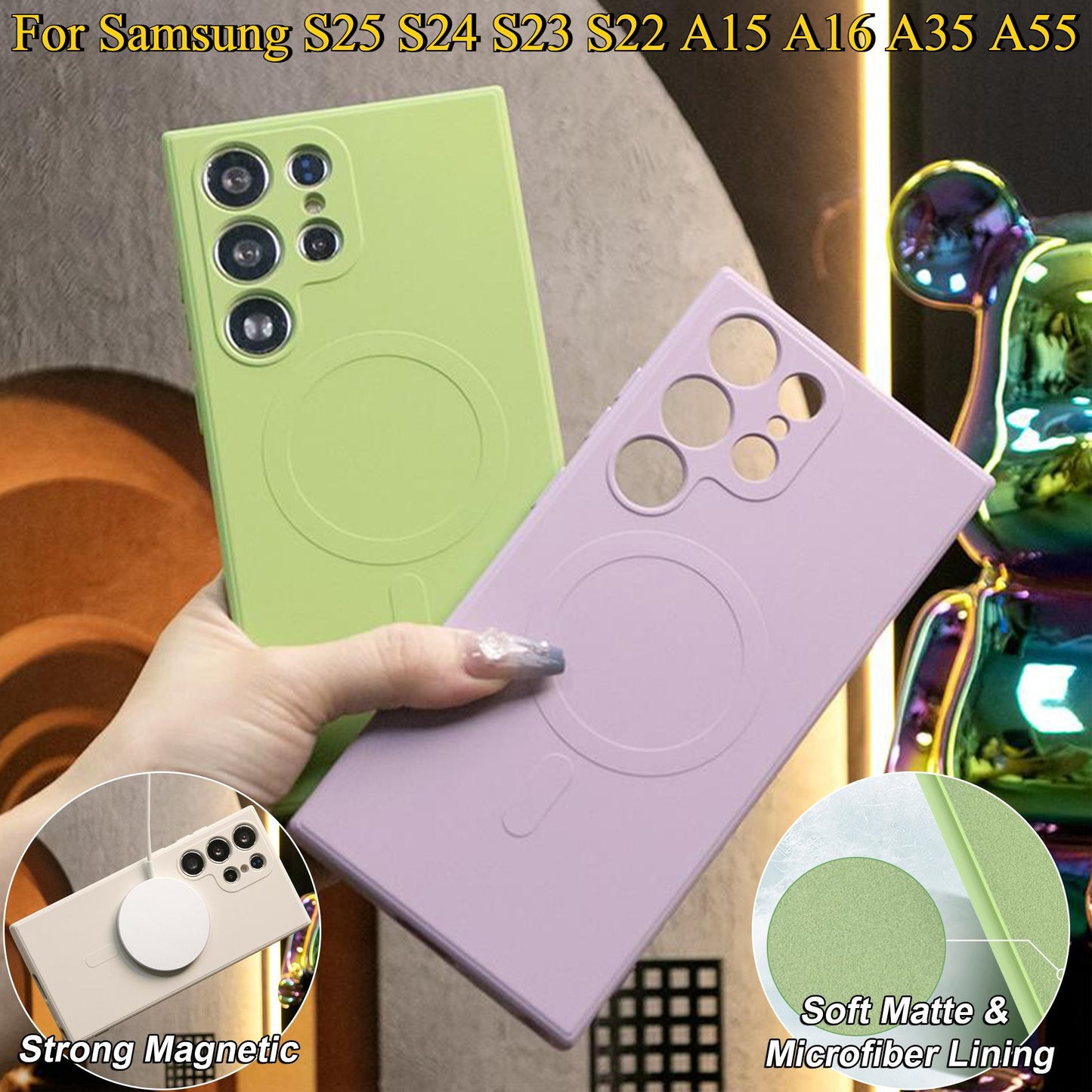 Strong Magnetic Phone Case For Samsung S25Ultra S25 S24 S24FE S22 S23 Ultra A15 A35 A55, Soft Liquid Silicone Shockproof Full Cover With Microfiber Lining