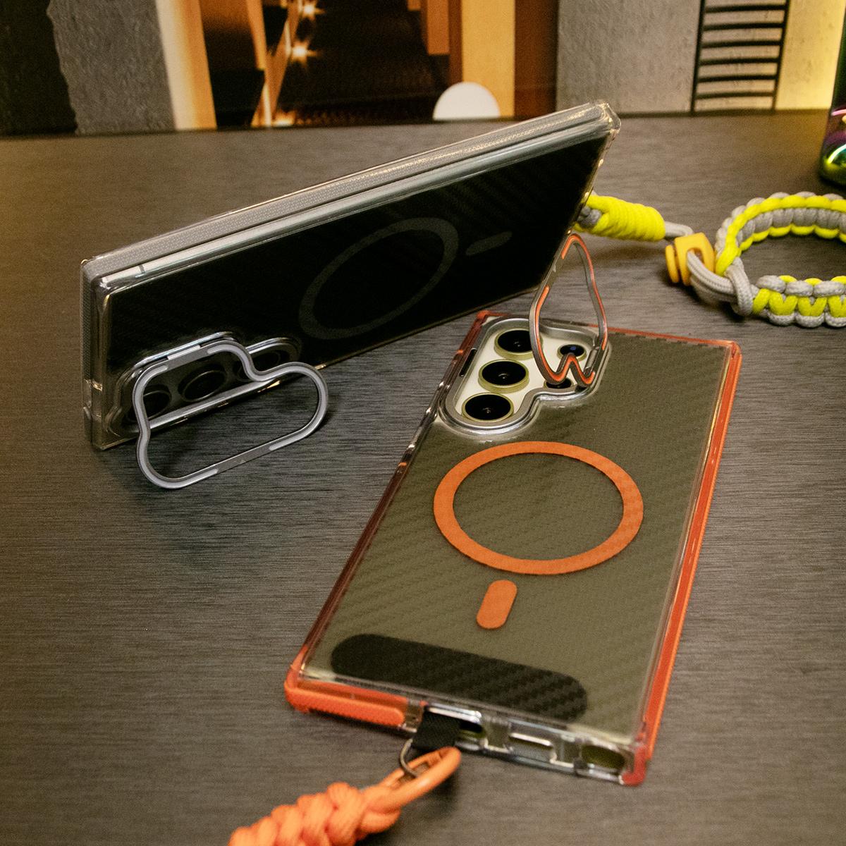 Magnetic Carbon Fiber Pattern Phone Case, Metal Hardware Camera Stand Acrylic Cover, With Adjustable Woven Strap, Anti-Fall Bumper For Samsung S24 S23 S21 Ultra FE A14 A15 A24 A25 A35 A54 A55 A05