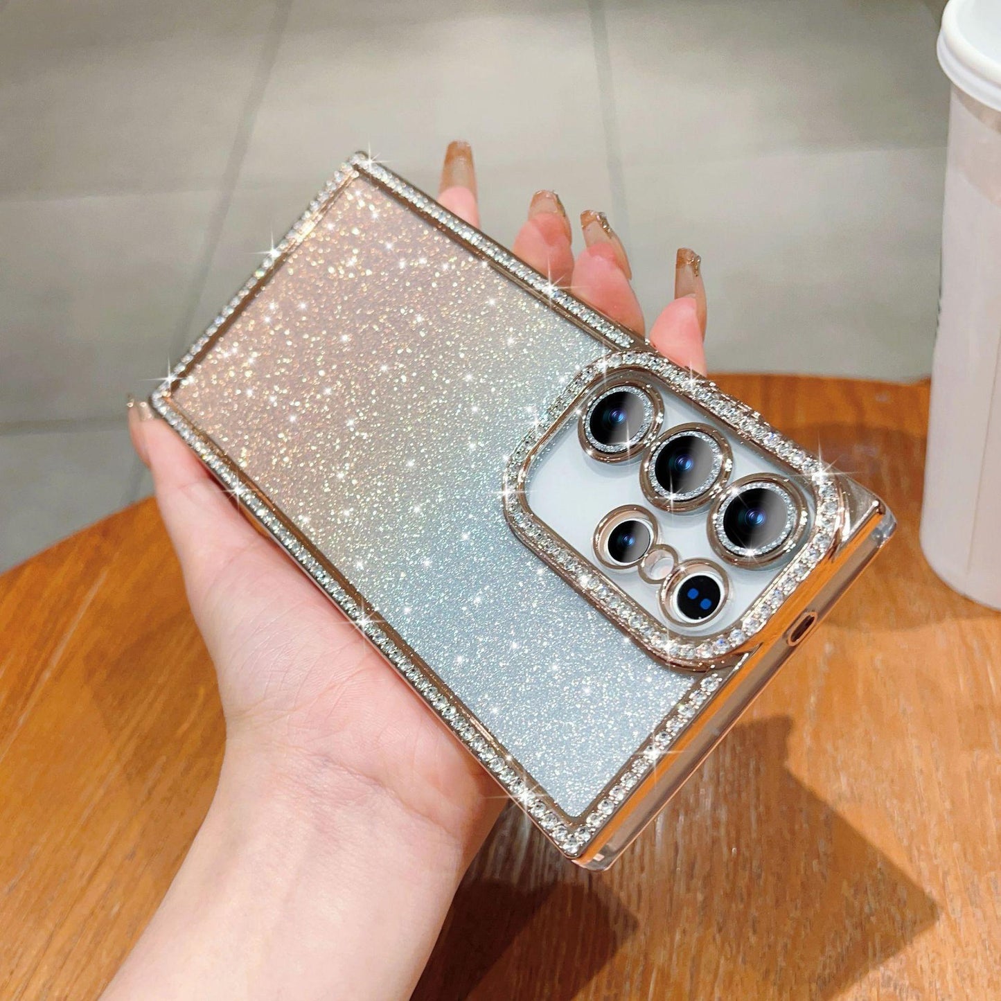 Glitter Rhinestone Clear TPU Square Phone Case with Len Protector For Samsung S25Ultra S25+ S24Ultra S24+ S24 Transparent Bumper Shockproof Soft Full Cover