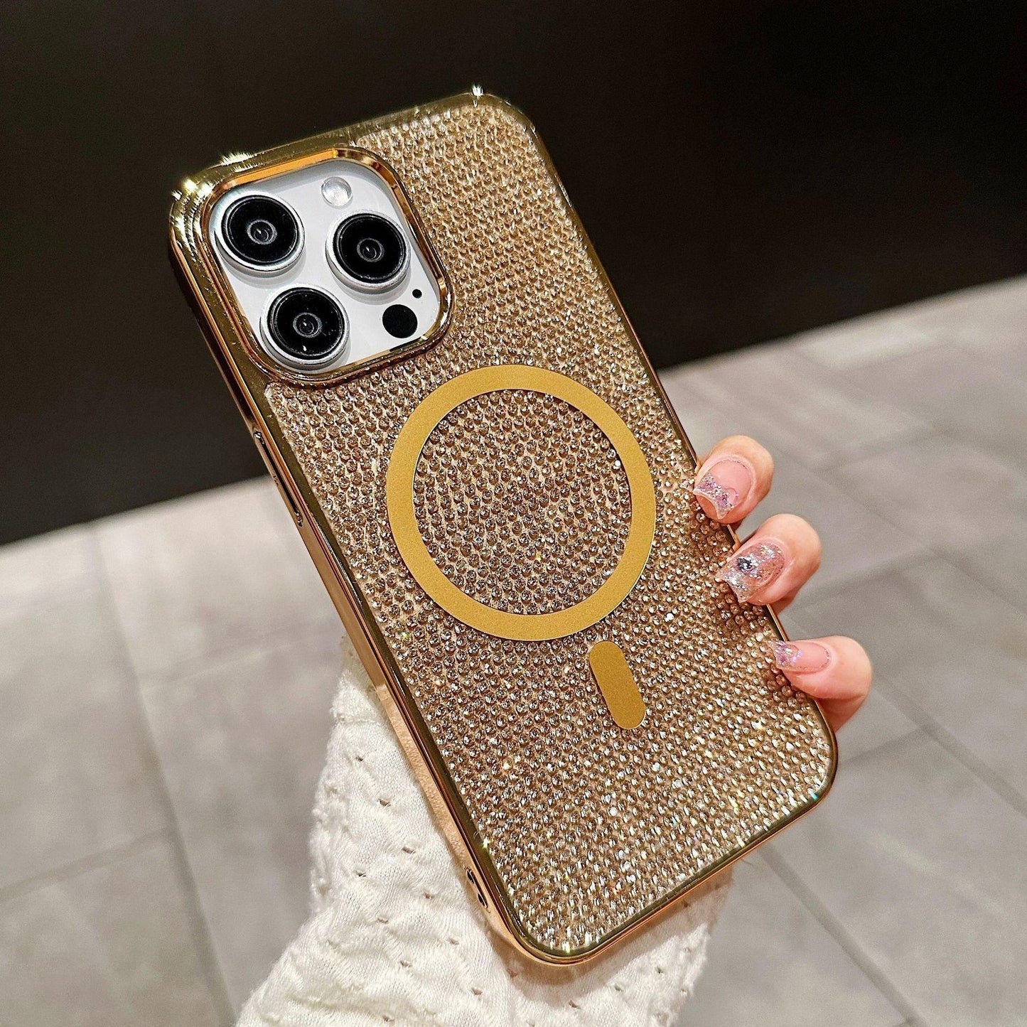 Luxury Rhinestone Glitter Plating Slim PC Strong Magnetic Phone Case For iPhone 16ProMax 15 14 13 Hard Support Wireless Charging Full Cover