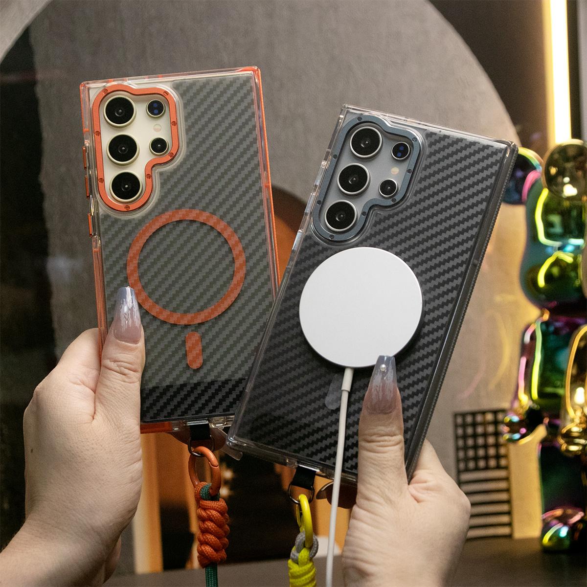 Strong Magnetic Carbon Fiber Phone Case, With Adjustable Woven Wristband, Metal Hardware Acrylic, Shockproof Anti-Fall Bumper For Samsung S25Ultra S25 S24 S23 S21FE A14 A15 A24 A25 A35 A54 A55 A05