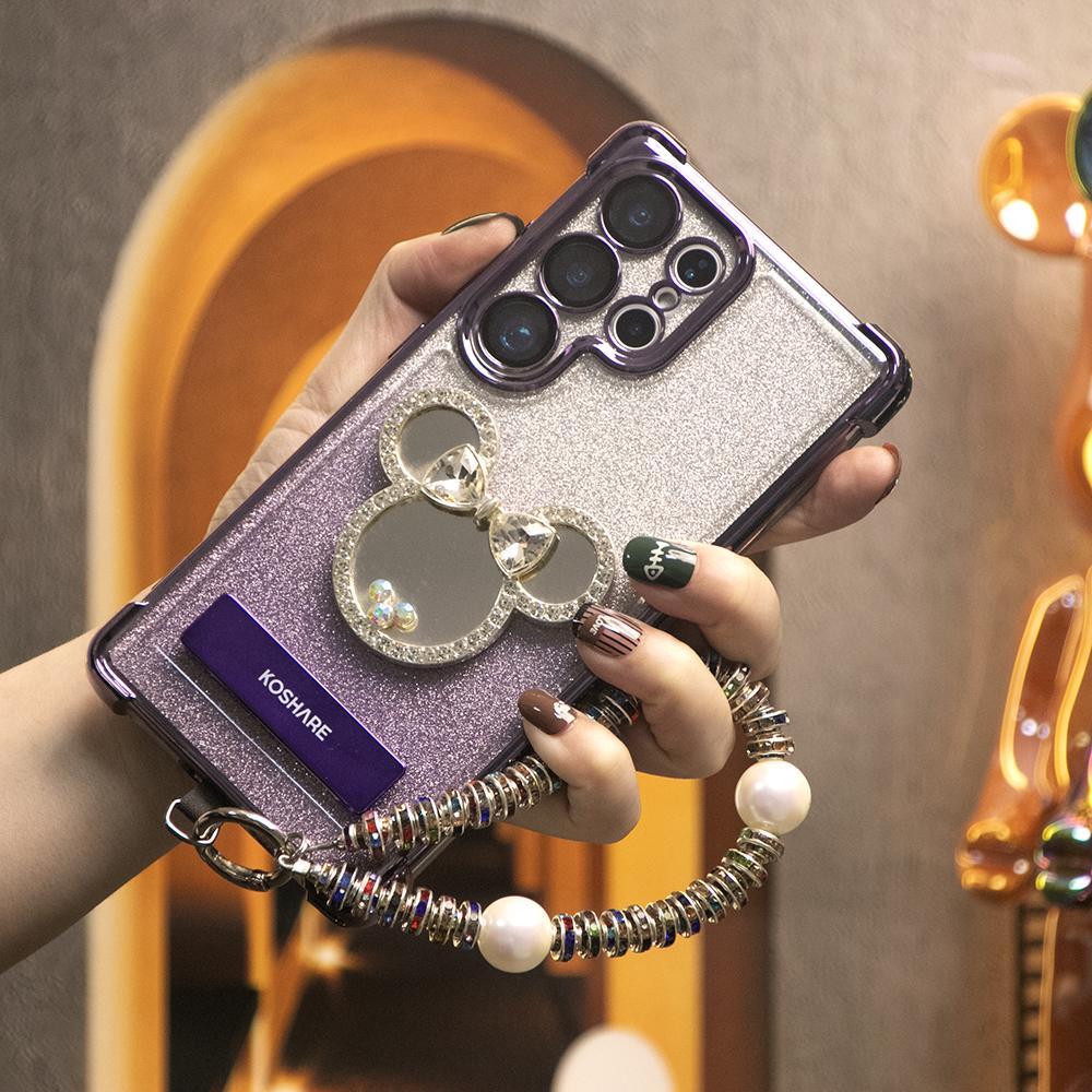 Gradient Plating Four Corners House Head Mirror Thin Kickstand Case with Pearl Diamond Wristband for Samsung S25Ultra S25 S24 S23 S22 S21 Note20 A53 A54 A55 Hard Acrylic Bumper Full Cover
