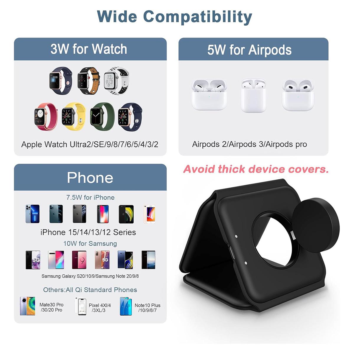 3 in 1 Foldable Wireless Charger, Magnetic Fast Wireless Charging, Compatible with iPhone 16 15 14 13 12 Series,  For Apple Watch, For AirPods Pro (Adapter not Included)